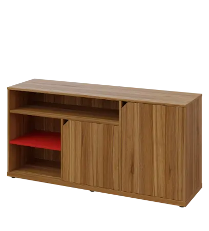 KU2-15DN3 P skříňka nízká 2-dveřová, nika, 740x1522x400, provedení pravé, korpus a dvířka ořech světlý/police červená